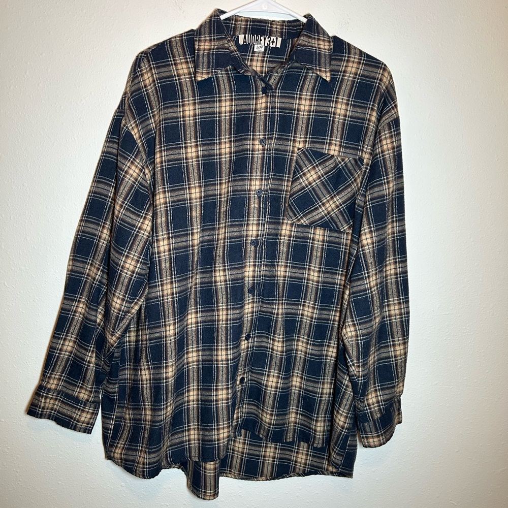 Audrey 3+1 Women’s Sz S/M Flannel Tunic Oversized Plaid Black Brown Grunge Indie